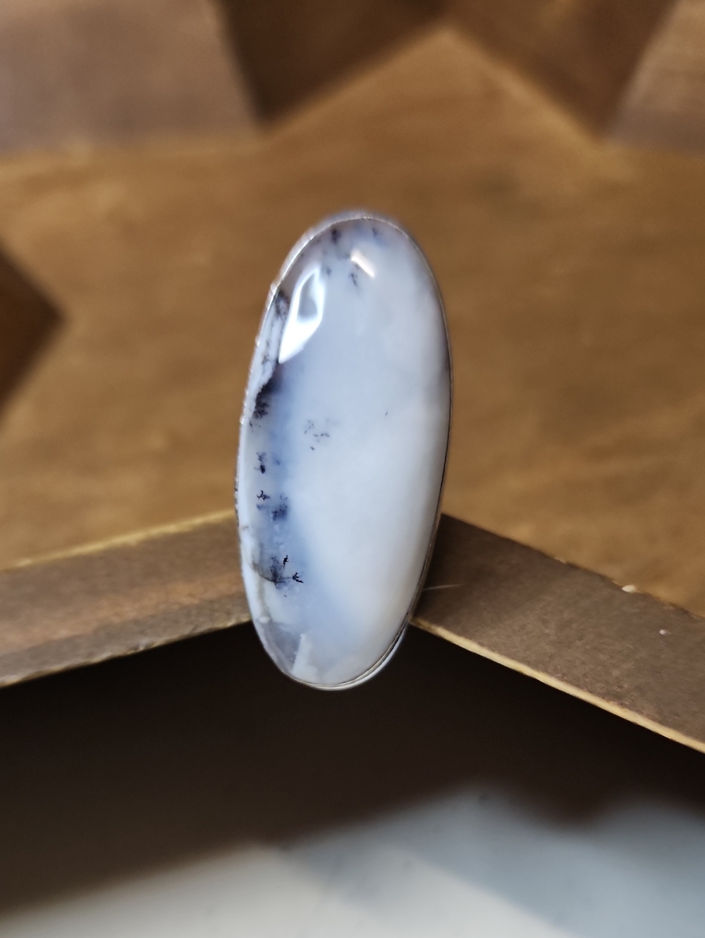 Handcrafted White Dendritic Opal Oval Ring - Women Jewelry